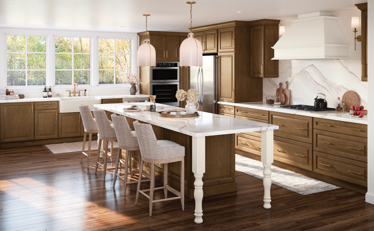 Kitchen with dark cabinetry and extended quartz countertop